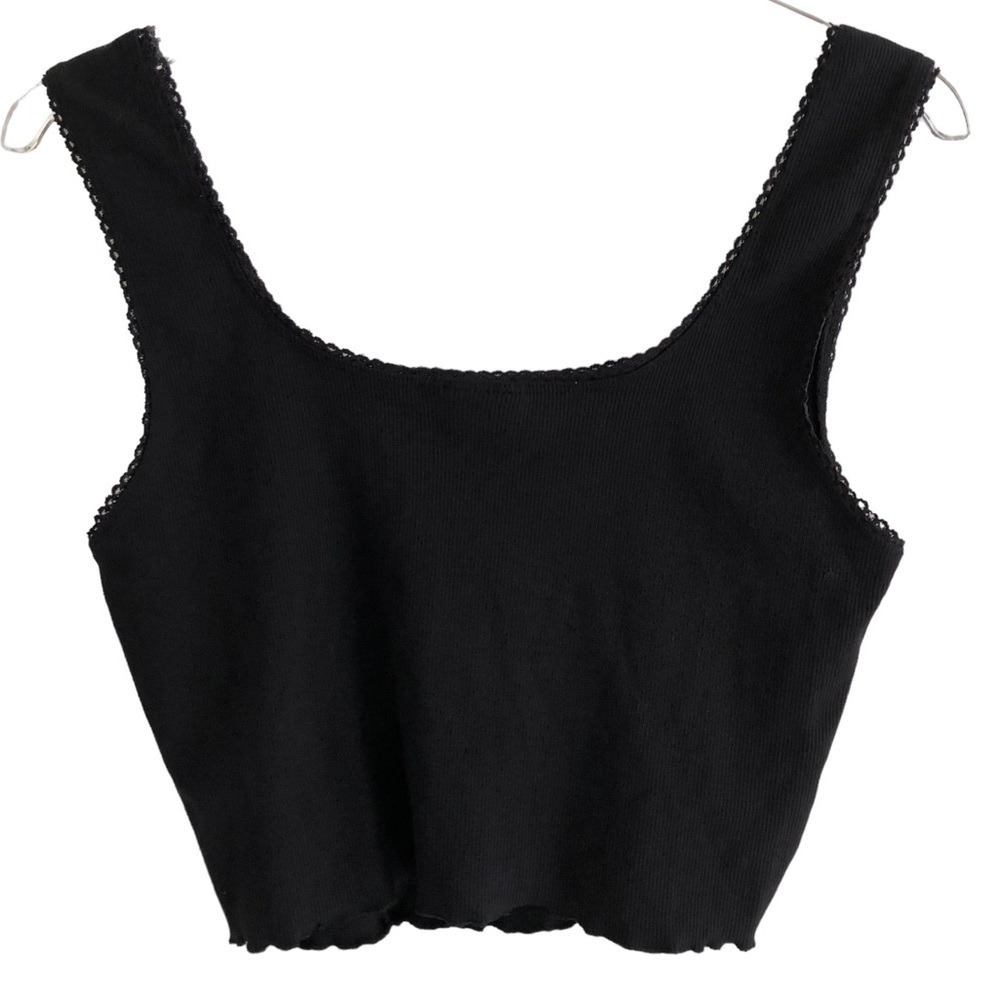 Topshop Black Ribbed Crop Tank Top Lace Trim Lettuce Hem NWT Size US 8 - Picture 2 of 6